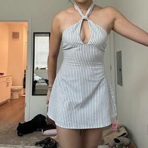 PrettyLittleThing Blue and White Striped Halter Mini Dress